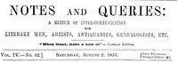 Notes and Queries, Vol. IV, Number 92, August 2, 1851: A Medium of Inter-communication for Literary Men, Artists, Antiquaries, Genealogists, etc. cover