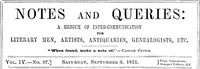 Notes and Queries, Vol. IV, Number 97, September 6, 1851: A Medium of Inter-communication for Literary Men, Artists, Antiquaries, Genealogists, etc. — Various cover
