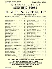 A Short List of Scientific Books Published by E. & F. N. Spon, Ltd. September 1915 cover