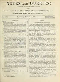 Notes and Queries, Number 198, August 13, 1853: A Medium of Inter-communication for Literary Men, Artists, Antiquaries, Geneologists, etc. — Various cover